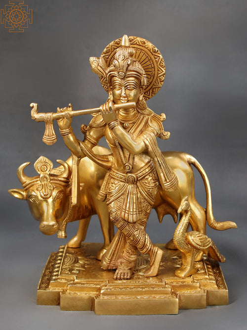 10" Brass Lord Krishna Playing Flute Statue with Cow and Peacock