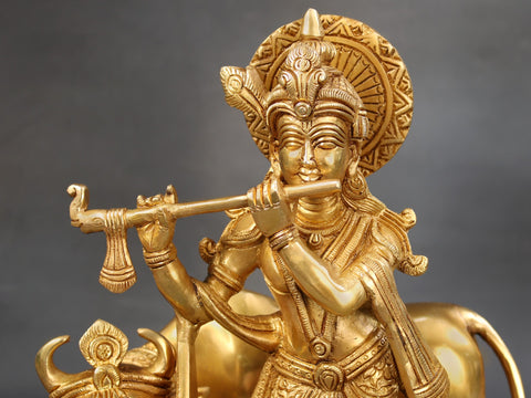 10" Brass Lord Krishna Playing Flute with Cow and Peacock