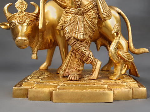 10" Brass Lord Krishna Playing Flute with Cow and Peacock