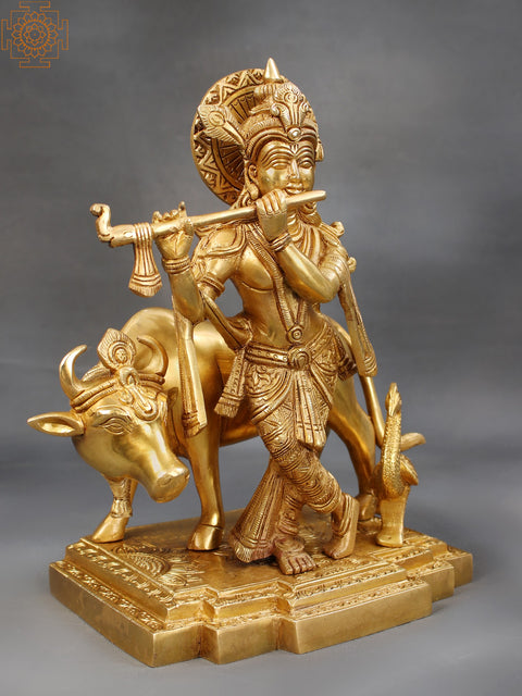 10" Brass Lord Krishna Playing Flute with Cow and Peacock
