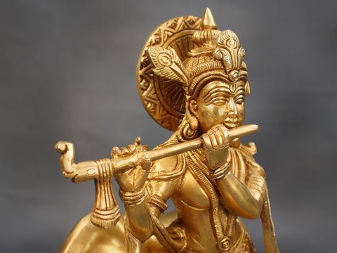 10" Brass Lord Krishna Playing Flute with Cow and Peacock