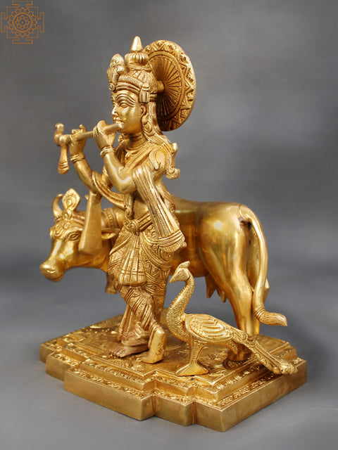 10" Brass Lord Krishna Playing Flute with Cow and Peacock