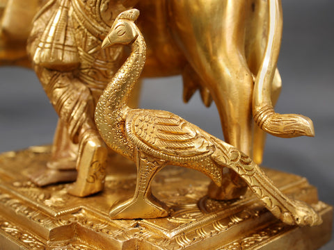 10" Brass Lord Krishna Playing Flute with Cow and Peacock