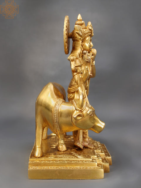 10" Brass Lord Krishna Playing Flute with Cow and Peacock