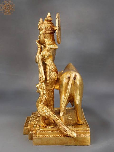 10" Brass Lord Krishna Playing Flute with Cow and Peacock