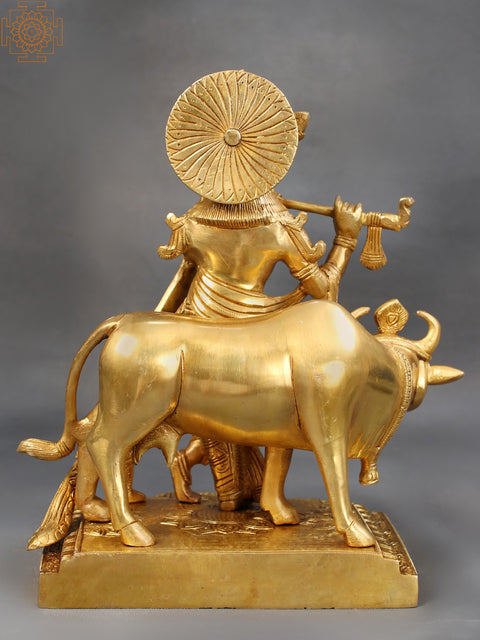 10" Brass Lord Krishna Playing Flute with Cow and Peacock