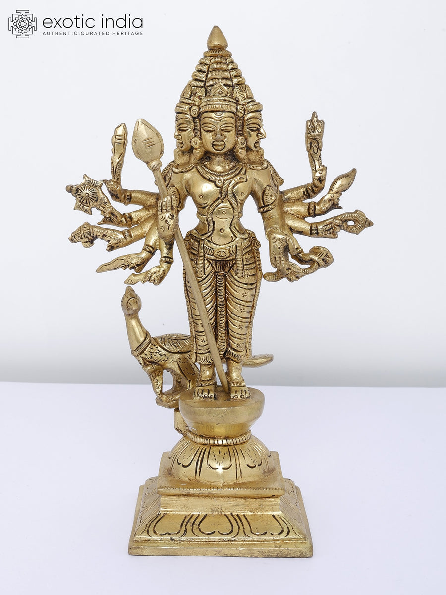 10" Brass Lord Murugan Six-Head Statue for Pooja