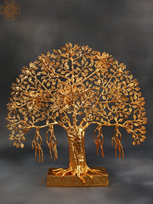 20" Gold Plated Banyan Tree With Birds Brass Statue