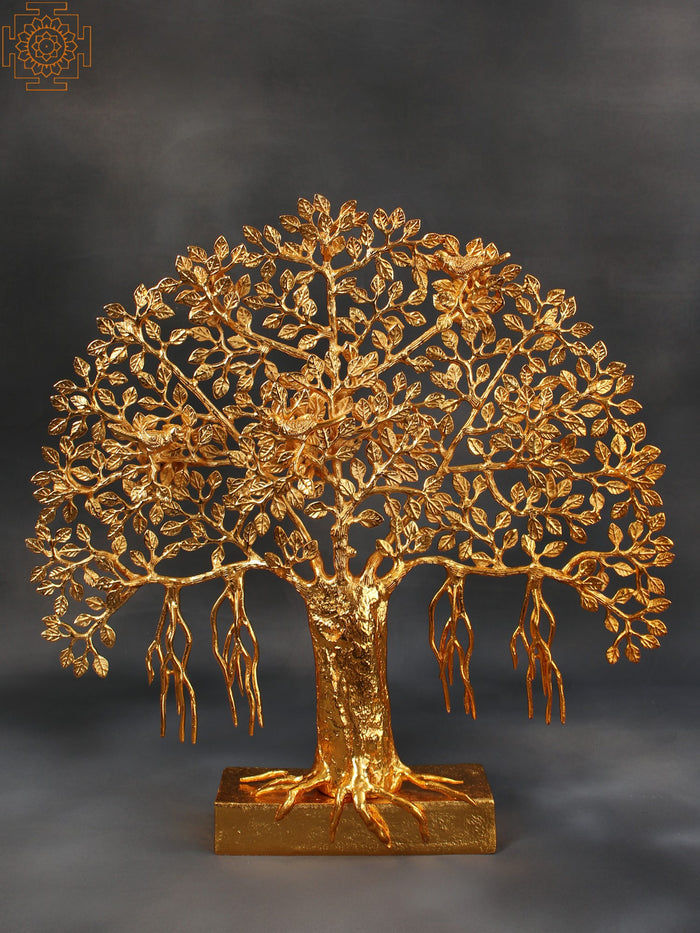 20" Gold Plated Banyan Tree With Birds Brass Statue