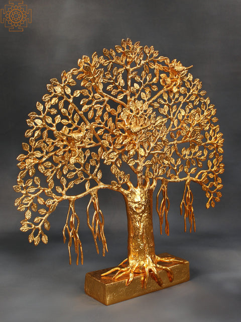 20" Gold Plated Banyan Tree With Birds | Brass
