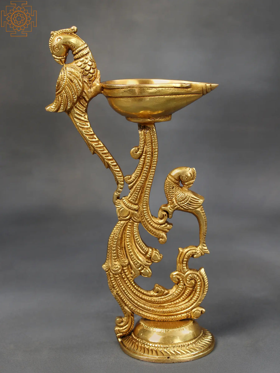Brass Ritual Diya Stand with Double Parrot