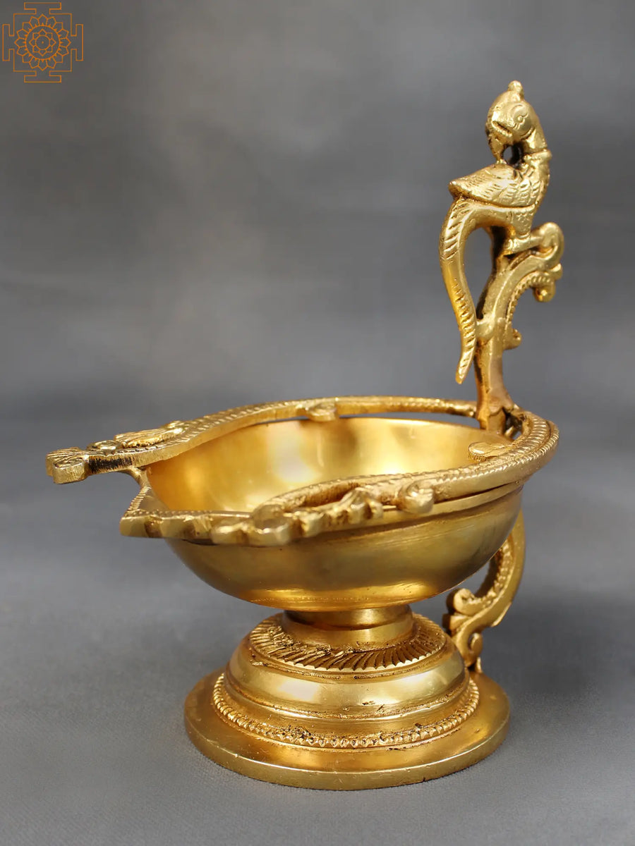 Brass Ritual Diya with Single Parrot Handmade Idol