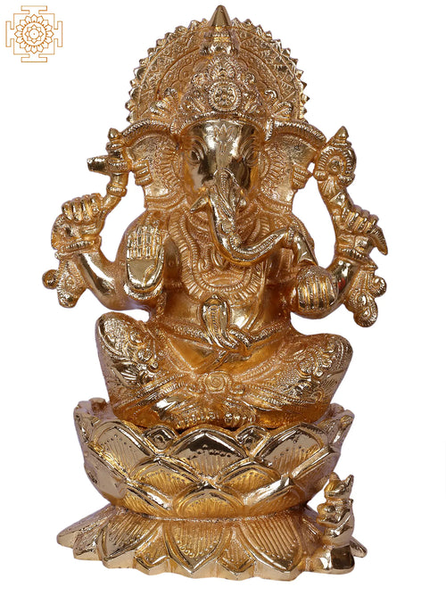 9" Brass Lord Ganesh Idol Seated on Lotus for Pooja