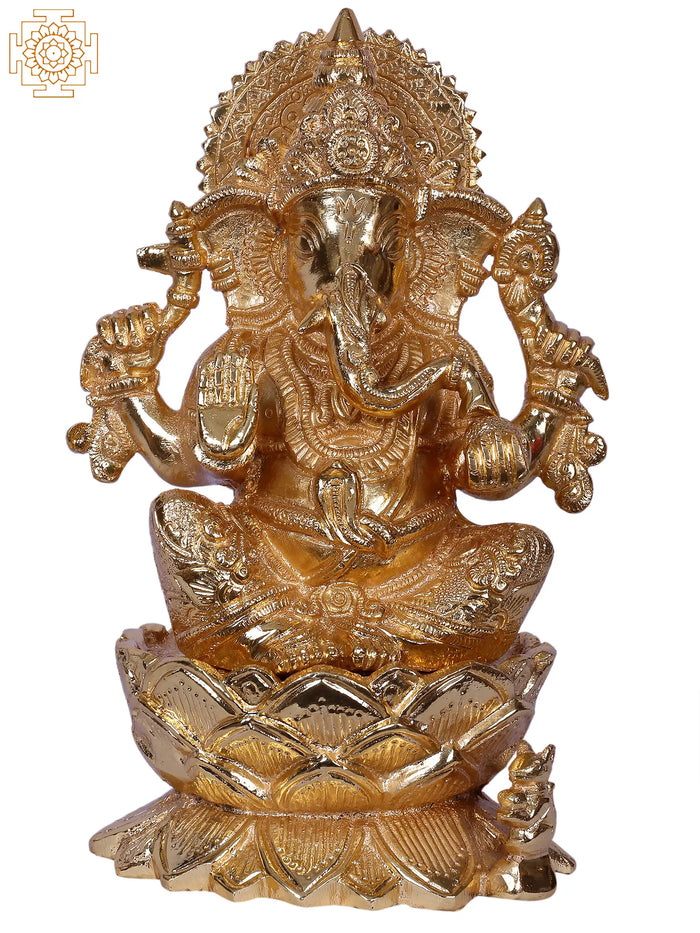 9" Brass Lord Ganpati Sculpture Seated on Lotus