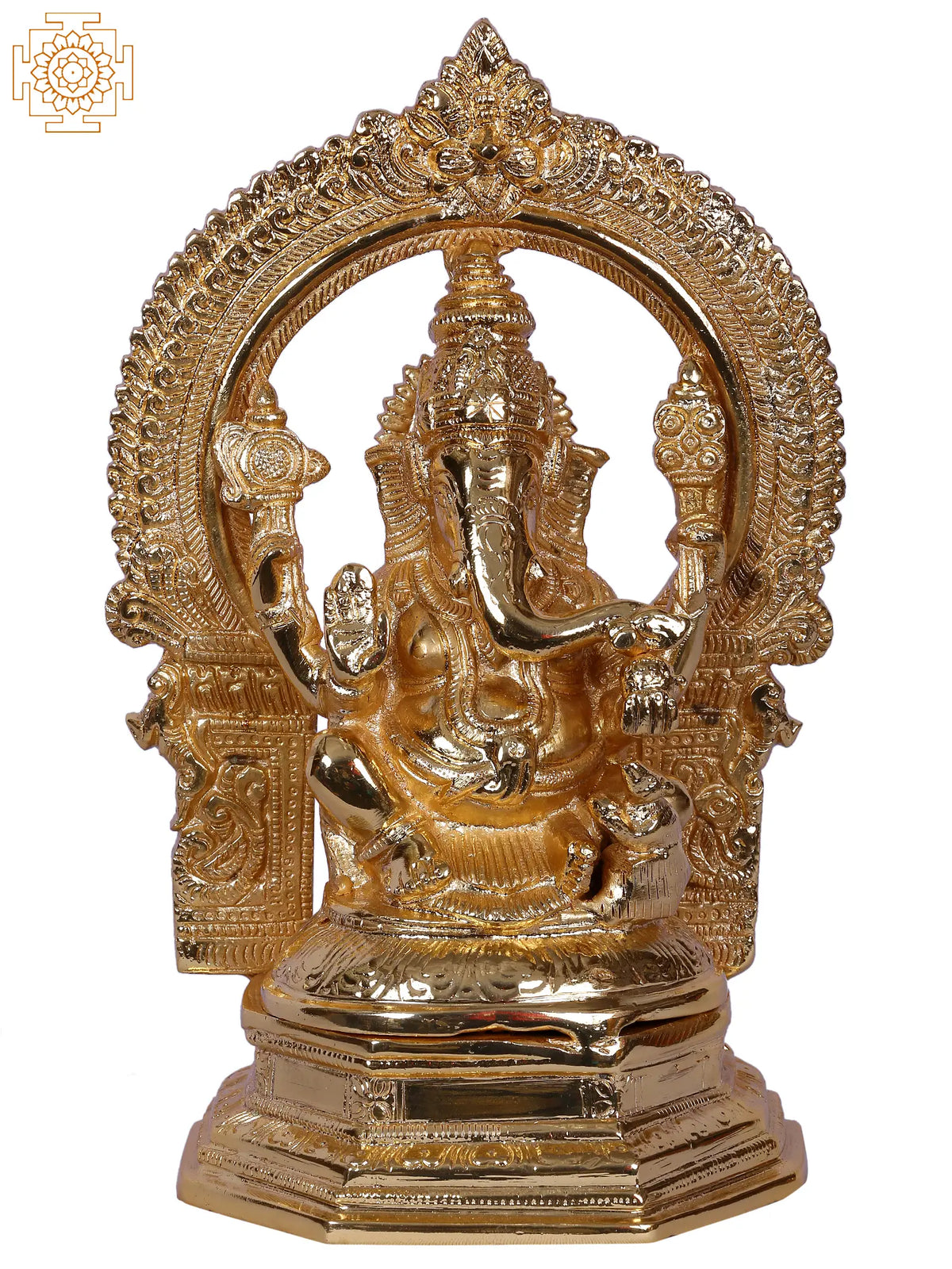 9" Lord Ganesha Idol With Arch - Sculpted from Shiny Brass