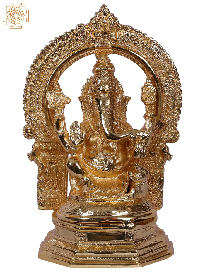 9" Lord Ganesha Idol With Arch - Sculpted from Shiny Brass