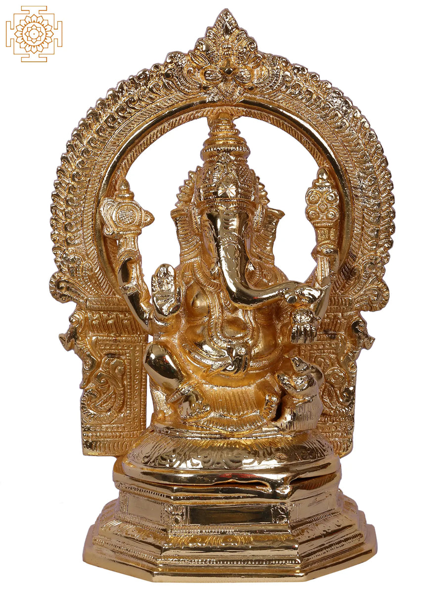 9" Lord Ganesha Brass Idol with Arch for Pooja