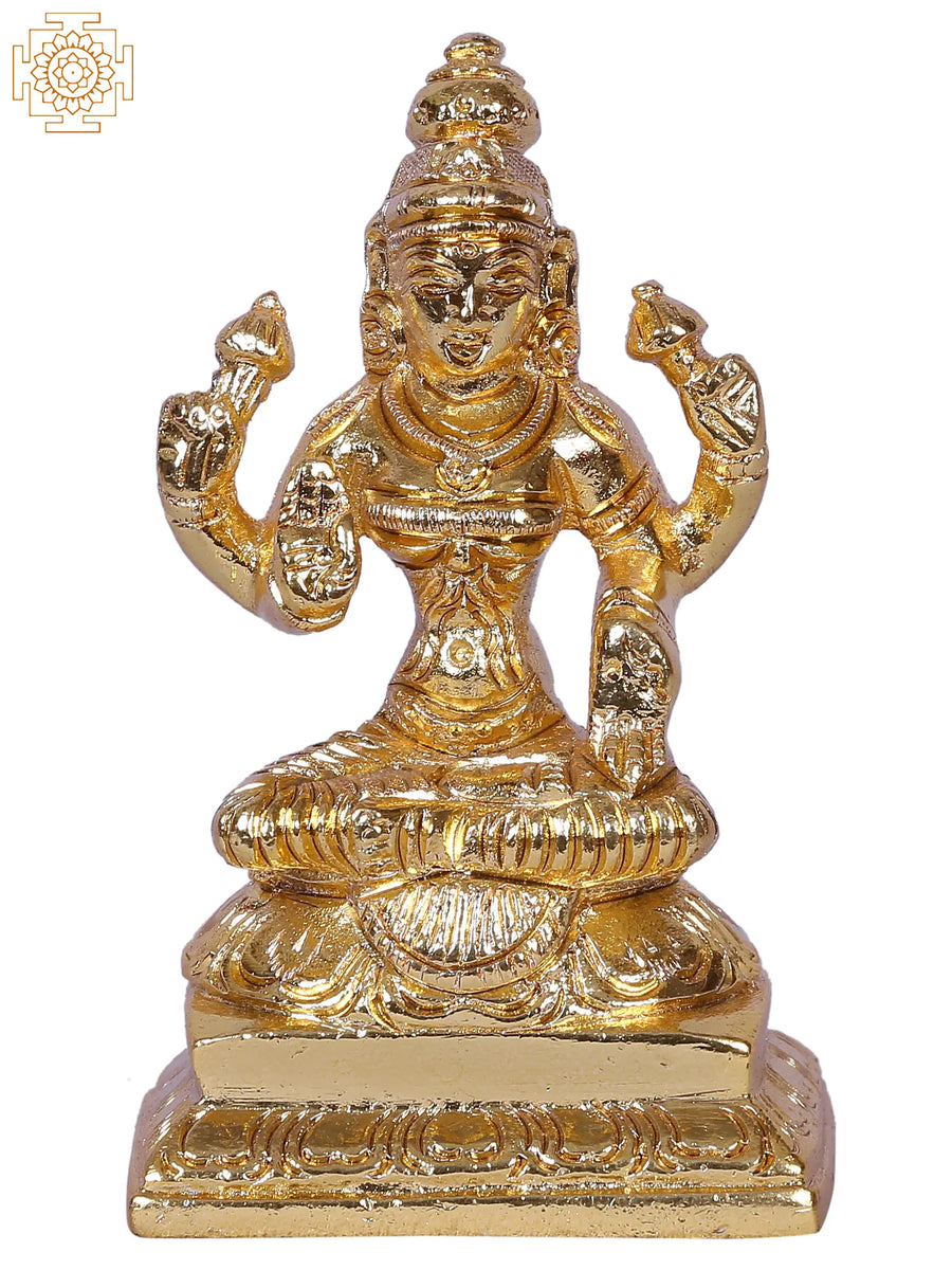 3" Goddess Lakshmi Brass Idol Seated on Pedestal for Pooja