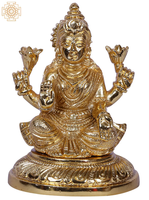 5" Goddess Lakshmi Brass Statue with Pedestal Base for Pooja
