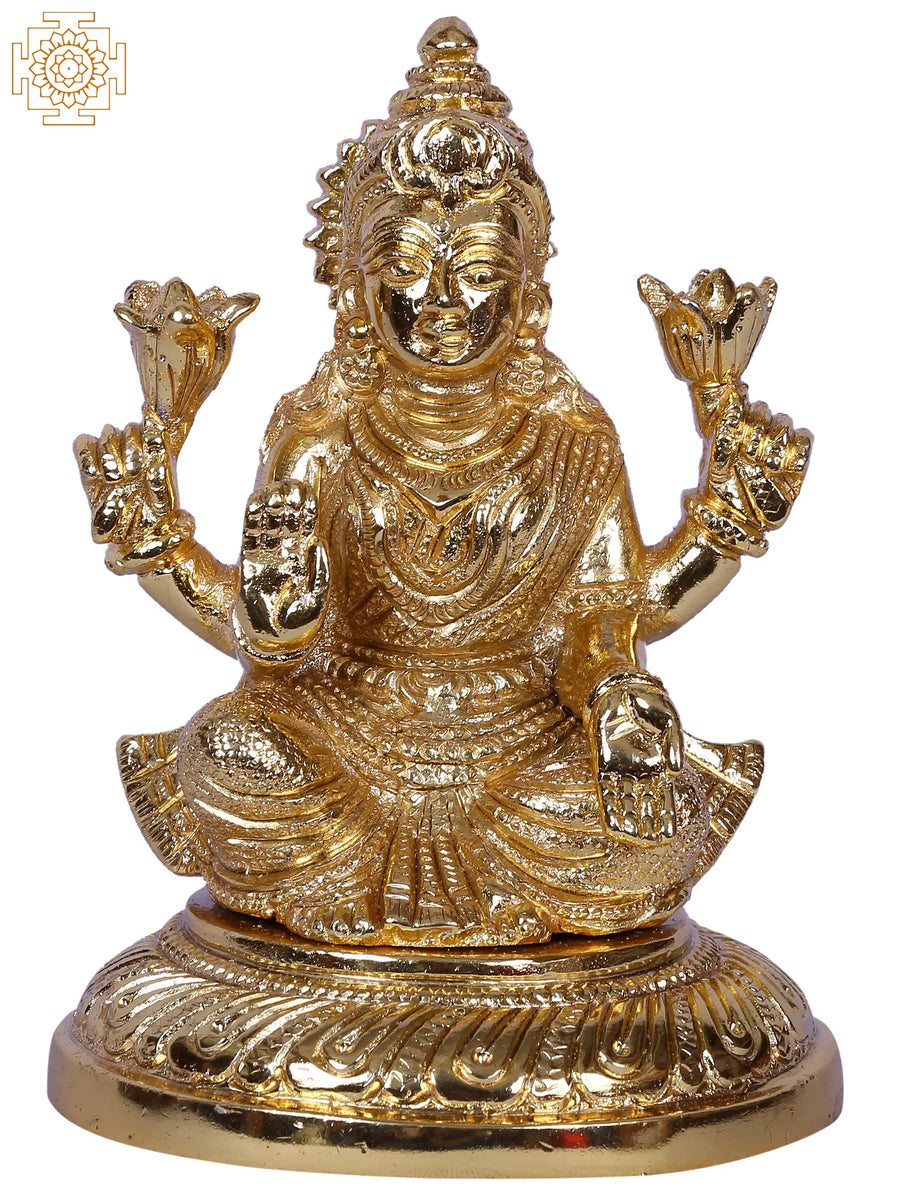 5" Goddess Lakshmi Brass Statue with Pedestal Base for Pooja