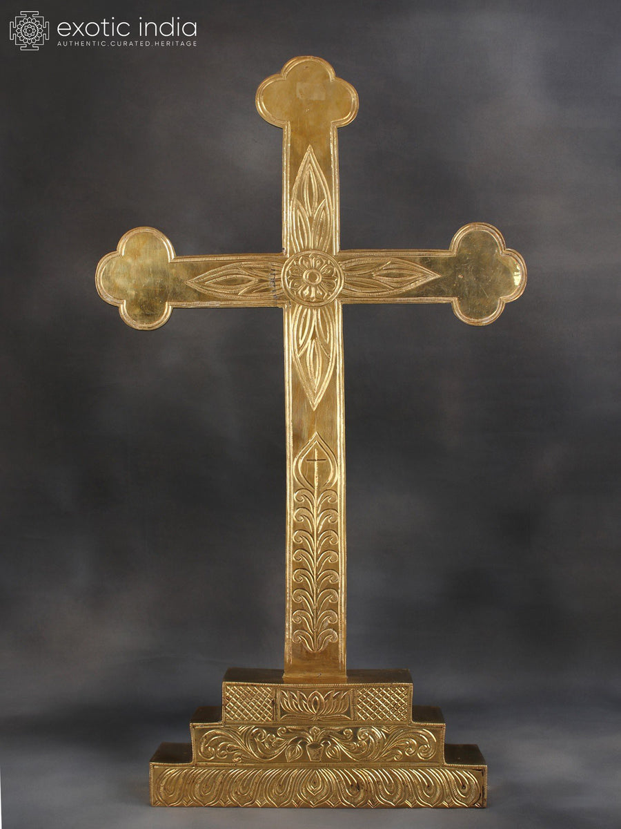 34" Large Brass Jesus Cross Statue with Stand