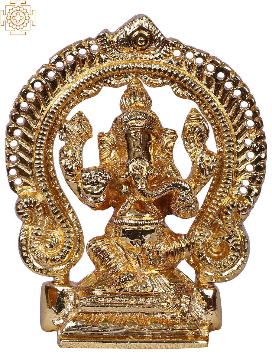 3" Small Lord Ganpati Idol Gold Plated Brass Statue with Arch
