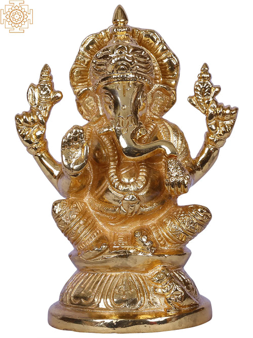 4" Lord Ganesha Seated Pedestal Gold Plated Brass Idol