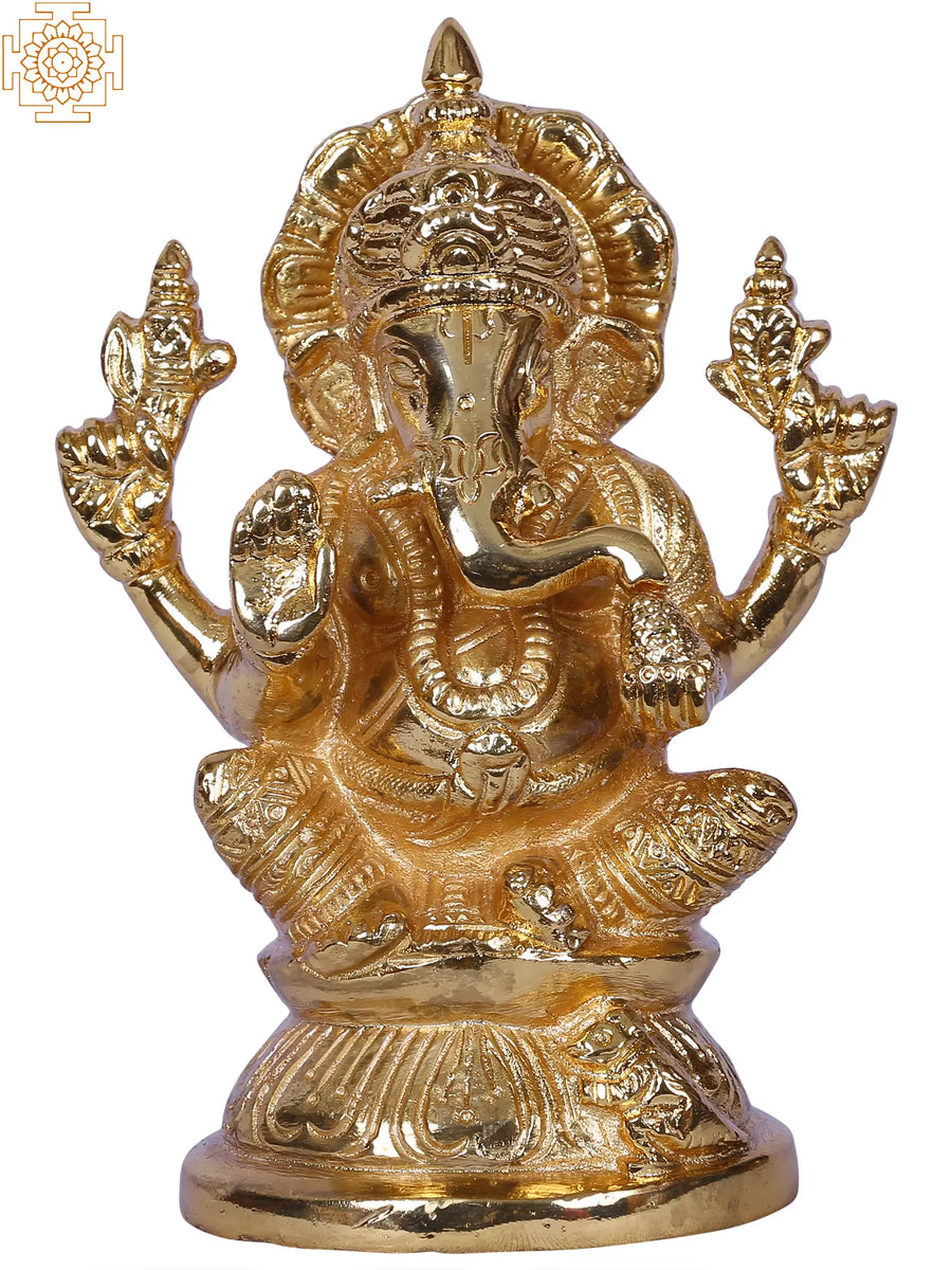 4" Lord Ganesha Seated Pedestal Gold Plated Brass Idol