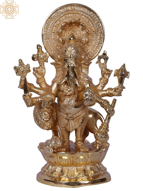 9" Gold Plated Brass Drishti Ganesha Statue for Home Pooja