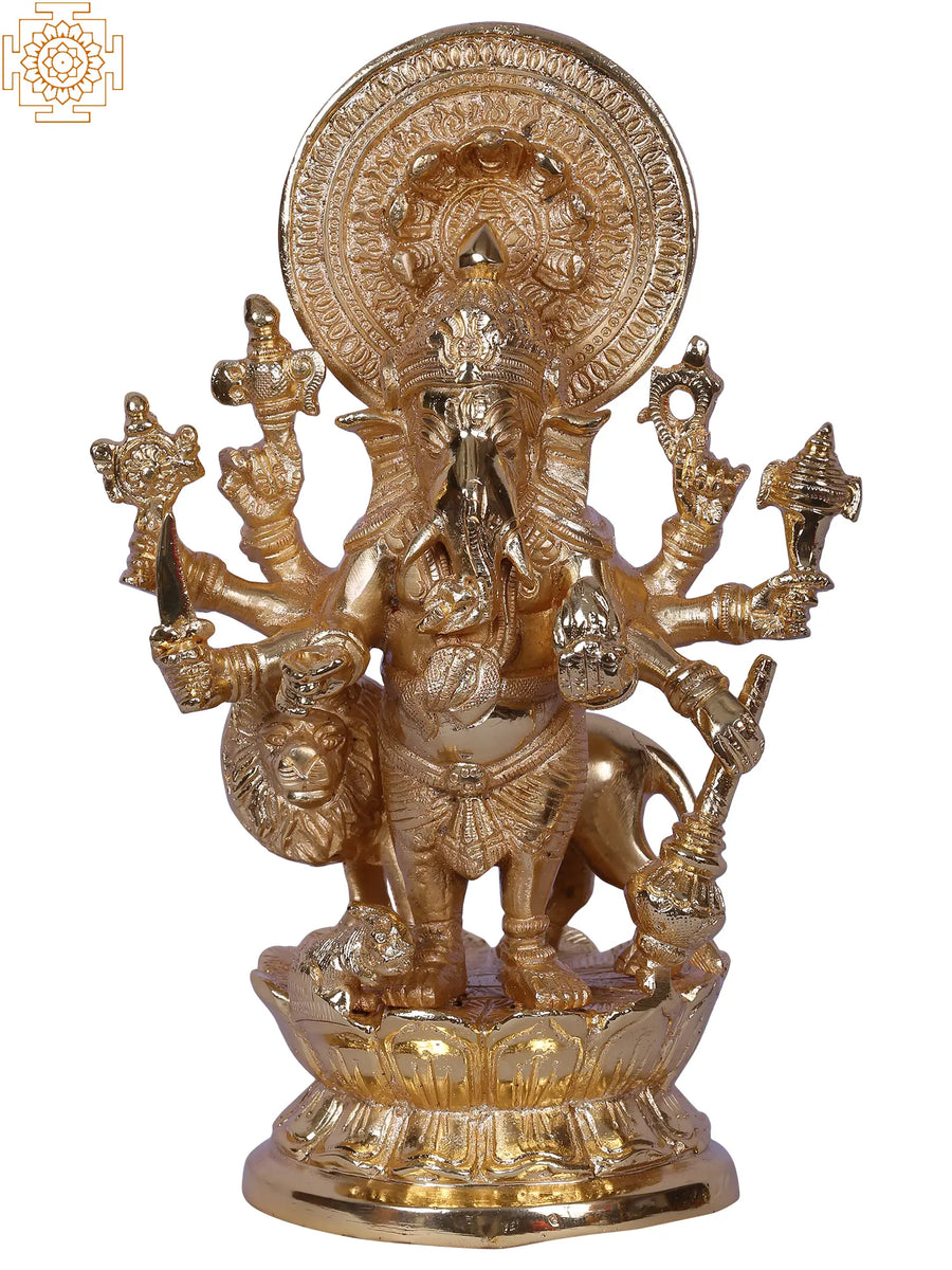 9" Gold Plated Brass Drishti Ganesha Statue for Home Pooja