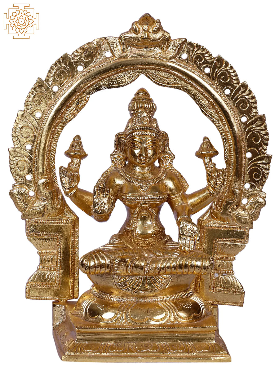 9" Goddess Lakshmi With Arch Gold Plated Brass Statue