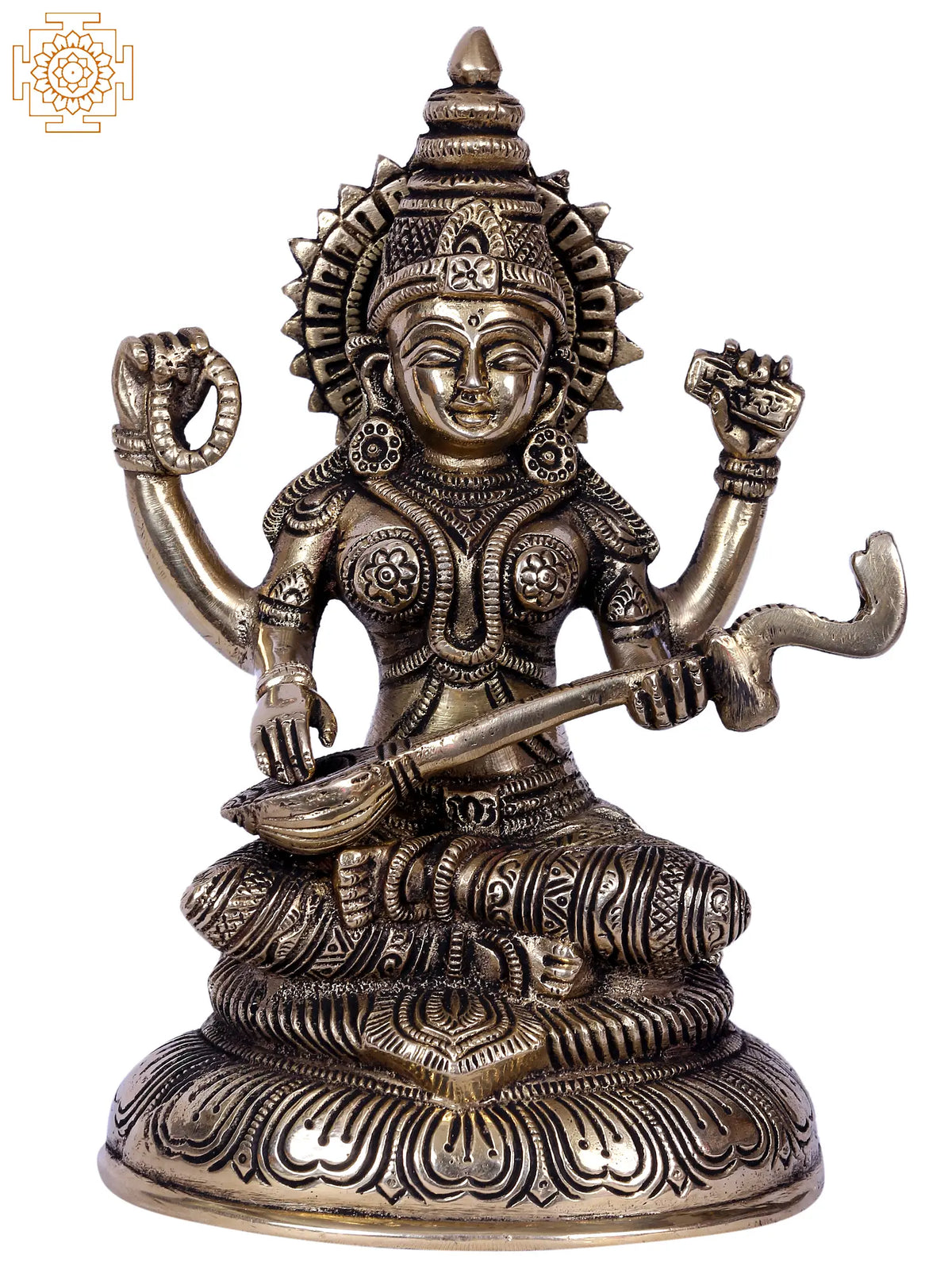 8" Brass Goddess Saraswati Statue Seated on Throne With Veena