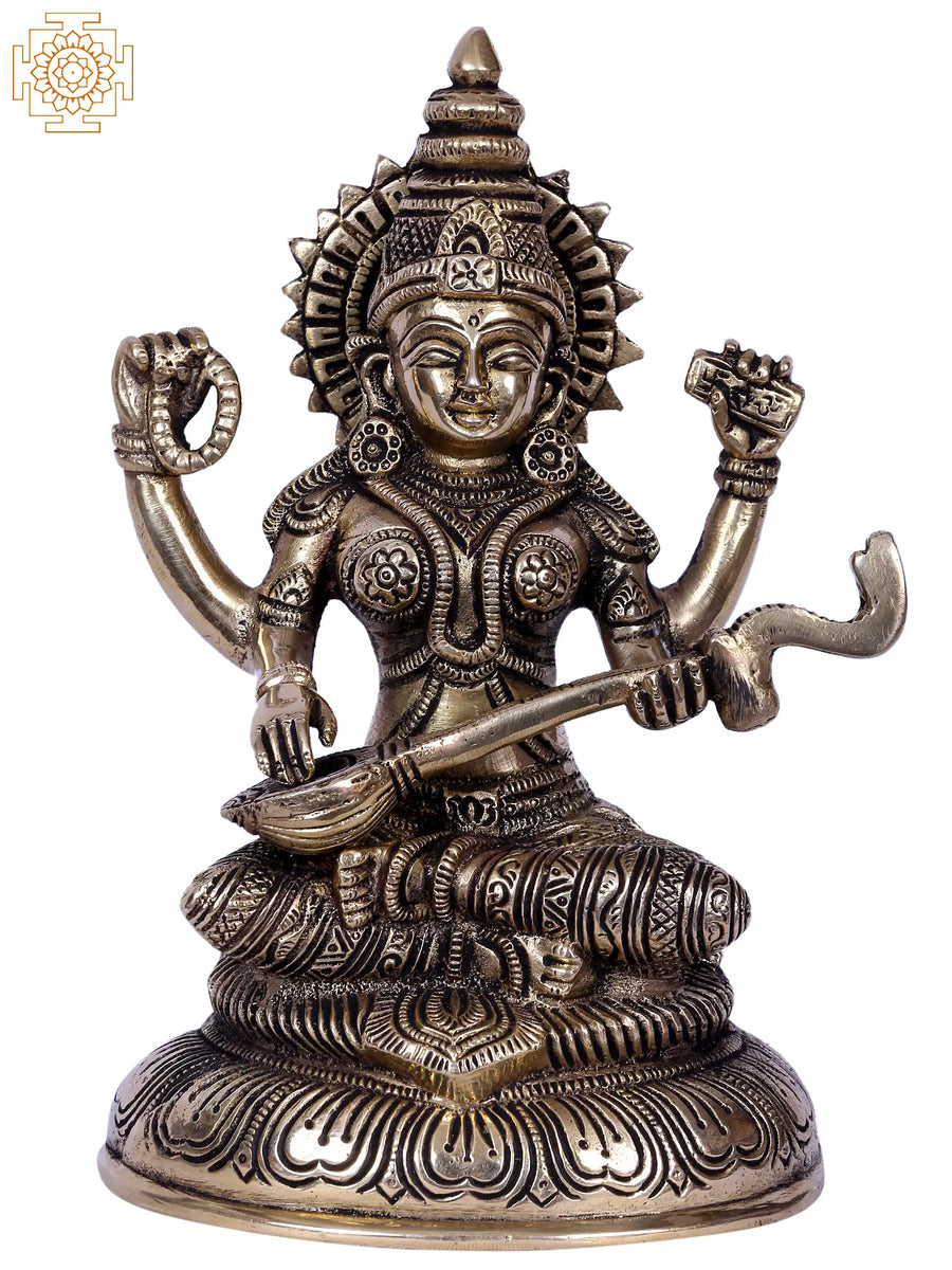 8" Brass Goddess Saraswati Statue With Veena Home Decor