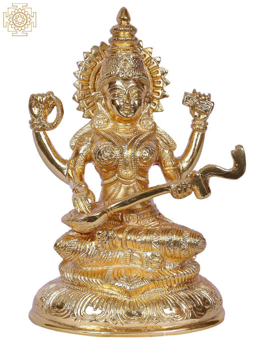 7" Goddess Saraswati Seated Padmasana Gold Plated Brass Statue