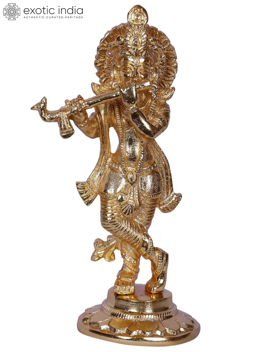 6" Lord Krishna Standing With Flute Gold Plated Brass Statue