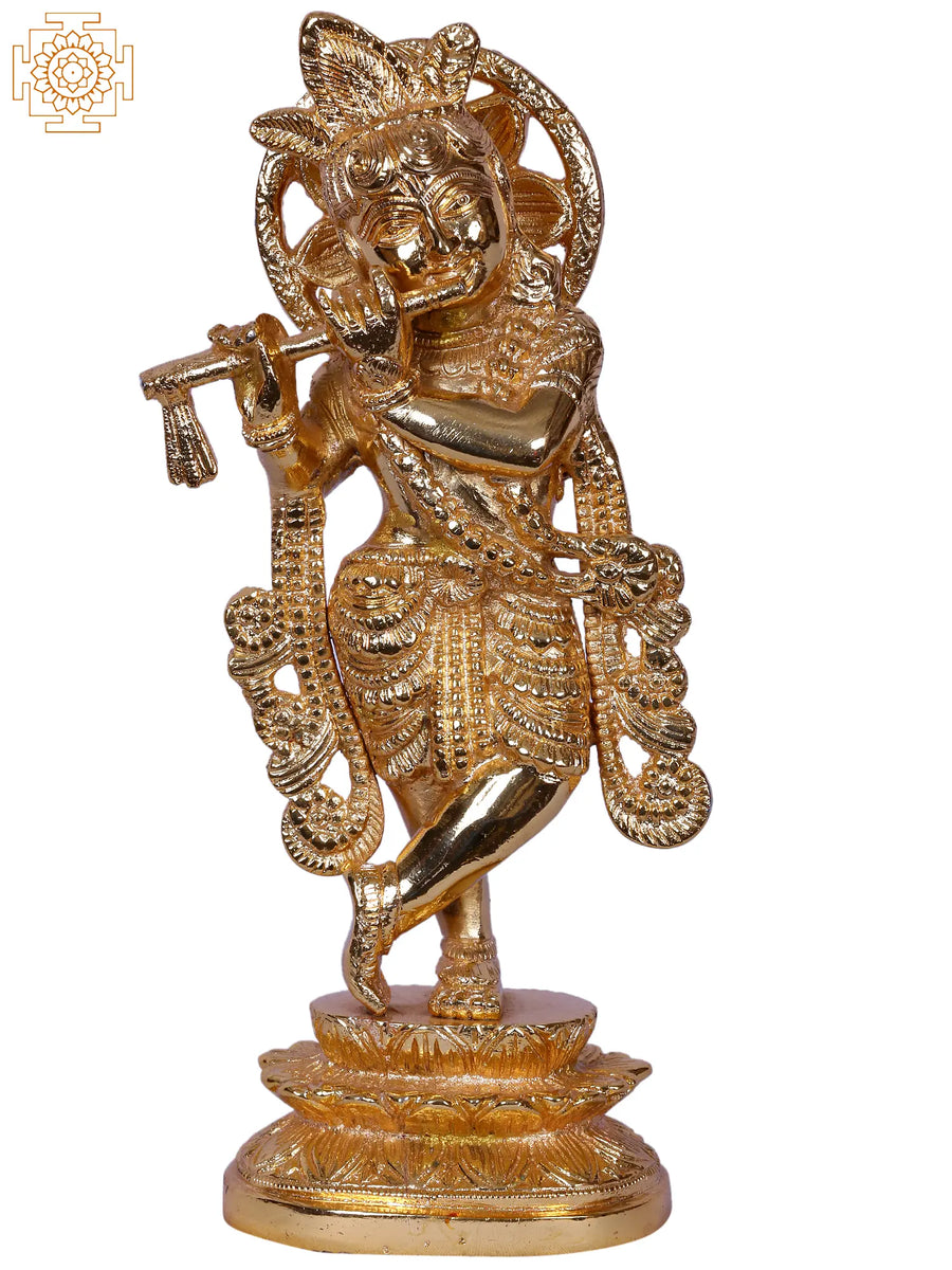 10" Lord Krishna Standing With Flute Gold Plated Brass Statue