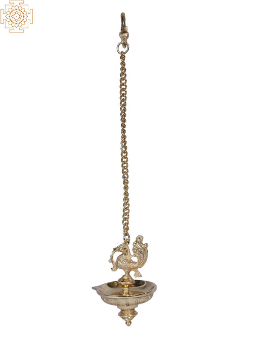 Hanging Peacock Brass Lamp with Chain Gold Plated