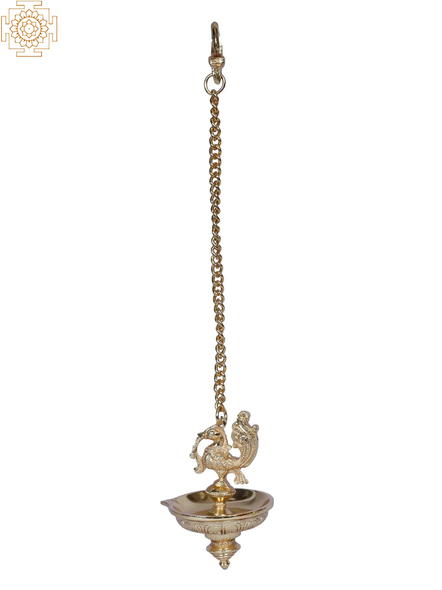 Hanging Peacock Brass Lamp with Chain Gold Plated