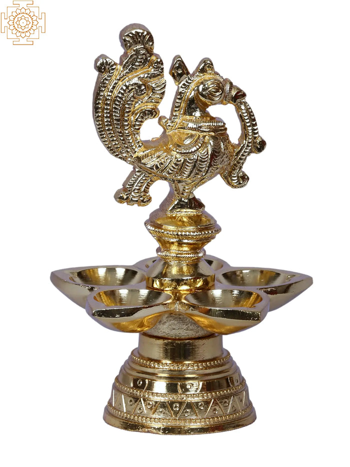 Five Wick Peacock Lamp | Brass Diya | Gold Plated