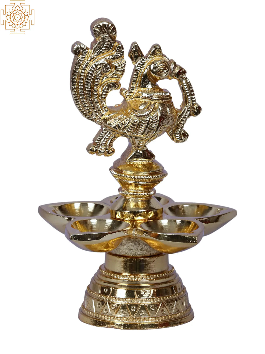 5 Wick Peacock Brass Diya Gold Plated Lamp
