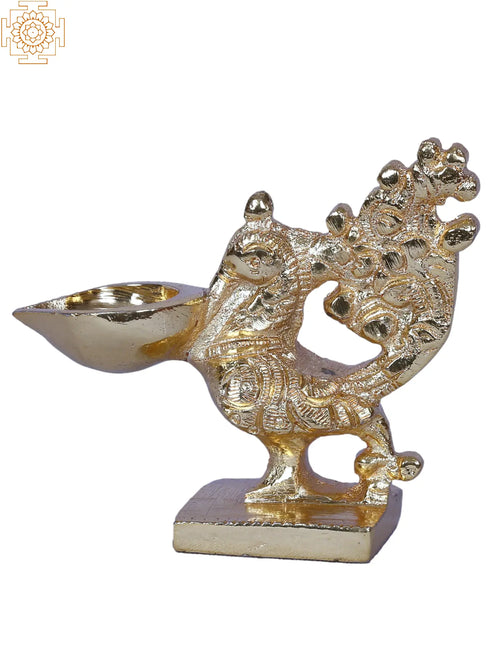 Small Peacock Agal Diya Gold Finish Brass Lamp for Pooja