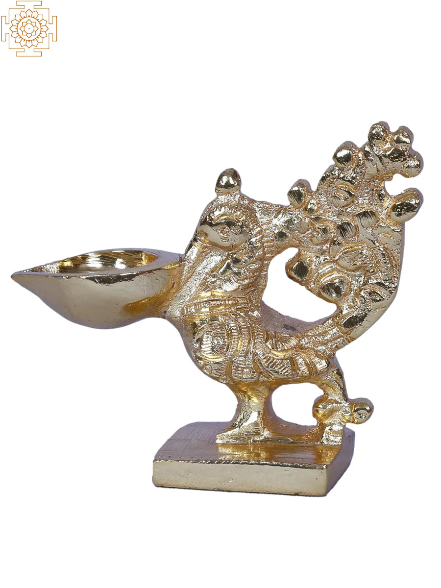 Small Peacock Agal Diya Gold Finish Brass Lamp for Pooja