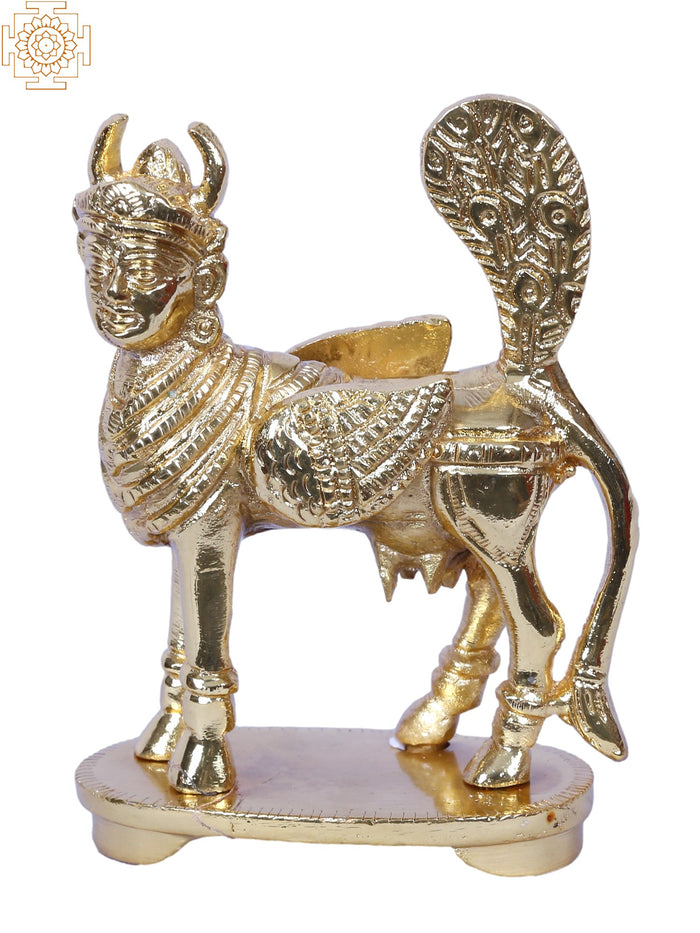 5" Brass Kamadhenu Idol with Peacock Tail and Gold Plating