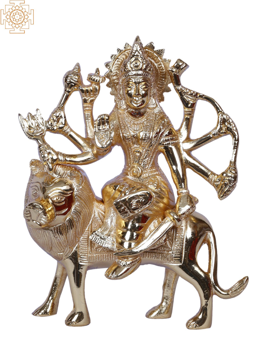 Goddess Durga with Lion Brass Statue Gold Plated Handmade