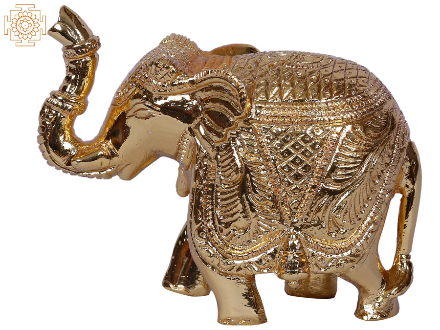 4" Gold-Plated Brass Elephant Statue Traditional Dressed