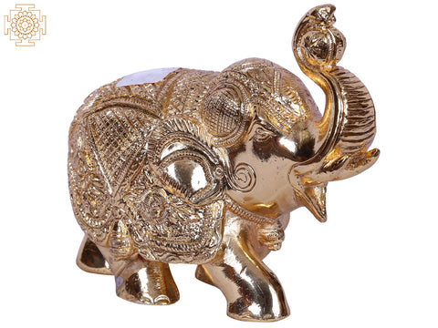 4'' Small Elephant With Playing With Ball | Gold-Plated Brass