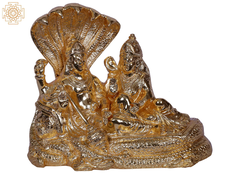 7" Gold Plated Brass Lord Vishnu Goddess Lakshmi Statue