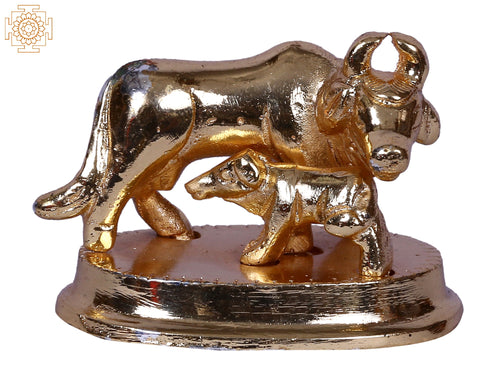 1" Mother Cow with Calf on Throne Gold Plated Brass Statue