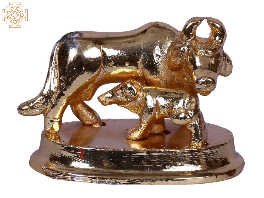 1" Mother Cow with Calf on Throne Gold Plated Brass Statue