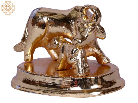 1" Mother Cow with Calf on Throne | Gold Plated Brass Statue
